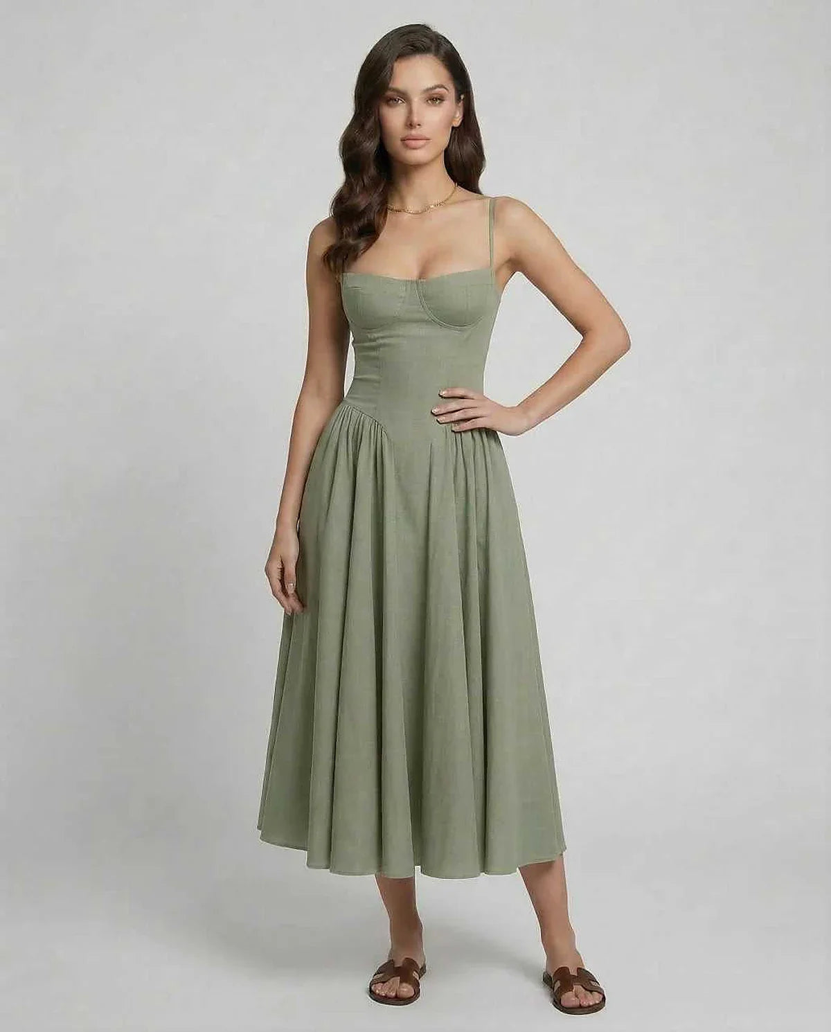 Sage Cotton Slip Round Neck Sleeveless Midi Dress | Formal Occasions, Party Nights, Day-to-Night & Weekend Wear, front view | | SKU: LMD-374859201-sage-L-4514,LMD-374859201-sage-M-6664,LMD-374859201-sage-S-5651,LMD-374859201-sage-XL-9743,LMD-374859201-sage-XS-2690