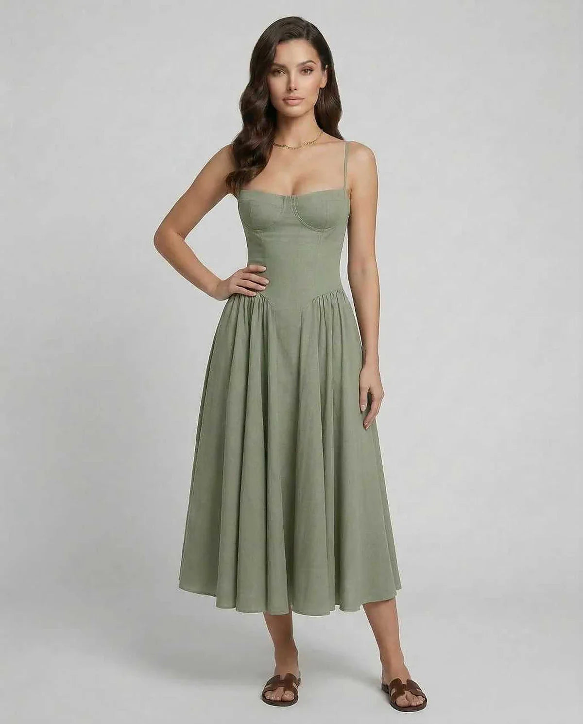 Sage Cotton Slip Round Neck Sleeveless Midi Dress | Formal Occasions, Party Nights, Day-to-Night & Weekend Wear, front view | | SKU: LMD-374859201-sage-L-4514,LMD-374859201-sage-M-6664,LMD-374859201-sage-S-5651,LMD-374859201-sage-XL-9743,LMD-374859201-sage-XS-2690