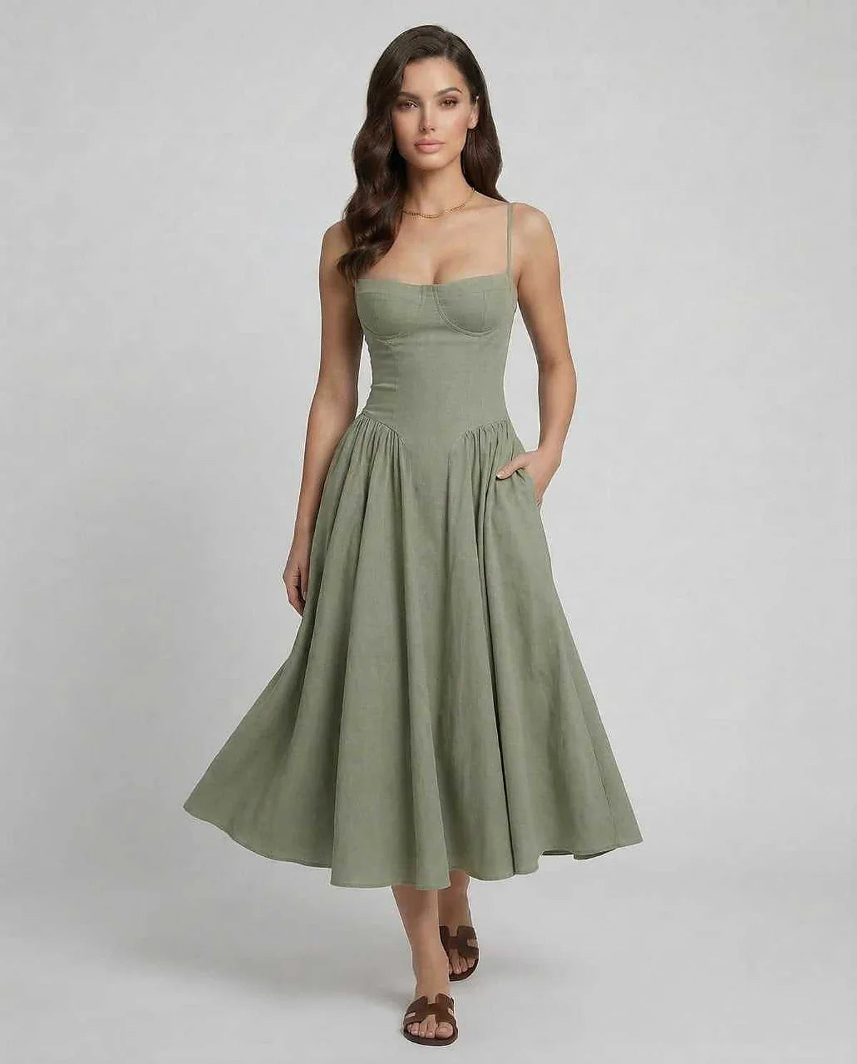 Sage Cotton Slip Round Neck Sleeveless Midi Dress | Formal Occasions, Party Nights, Day-to-Night & Weekend Wear, front view | | SKU: LMD-374859201-sage-L-4514,LMD-374859201-sage-M-6664,LMD-374859201-sage-S-5651,LMD-374859201-sage-XL-9743,LMD-374859201-sage-XS-2690