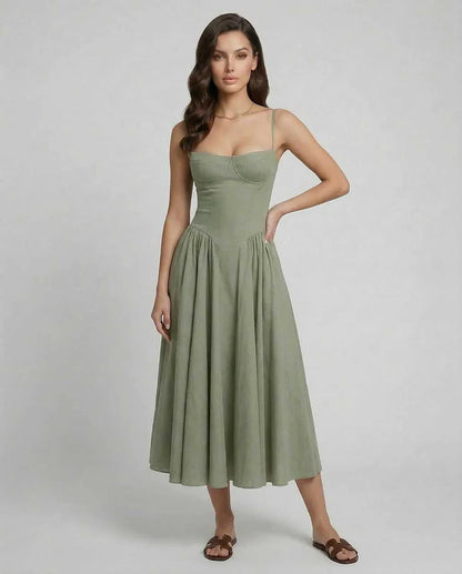 Sage Cotton Slip Round Neck Sleeveless Midi Dress | Formal Occasions, Party Nights, Day-to-Night & Weekend Wear, front view | | SKU: LMD-374859201-sage-L-4514,LMD-374859201-sage-M-6664,LMD-374859201-sage-S-5651,LMD-374859201-sage-XL-9743,LMD-374859201-sage-XS-2690