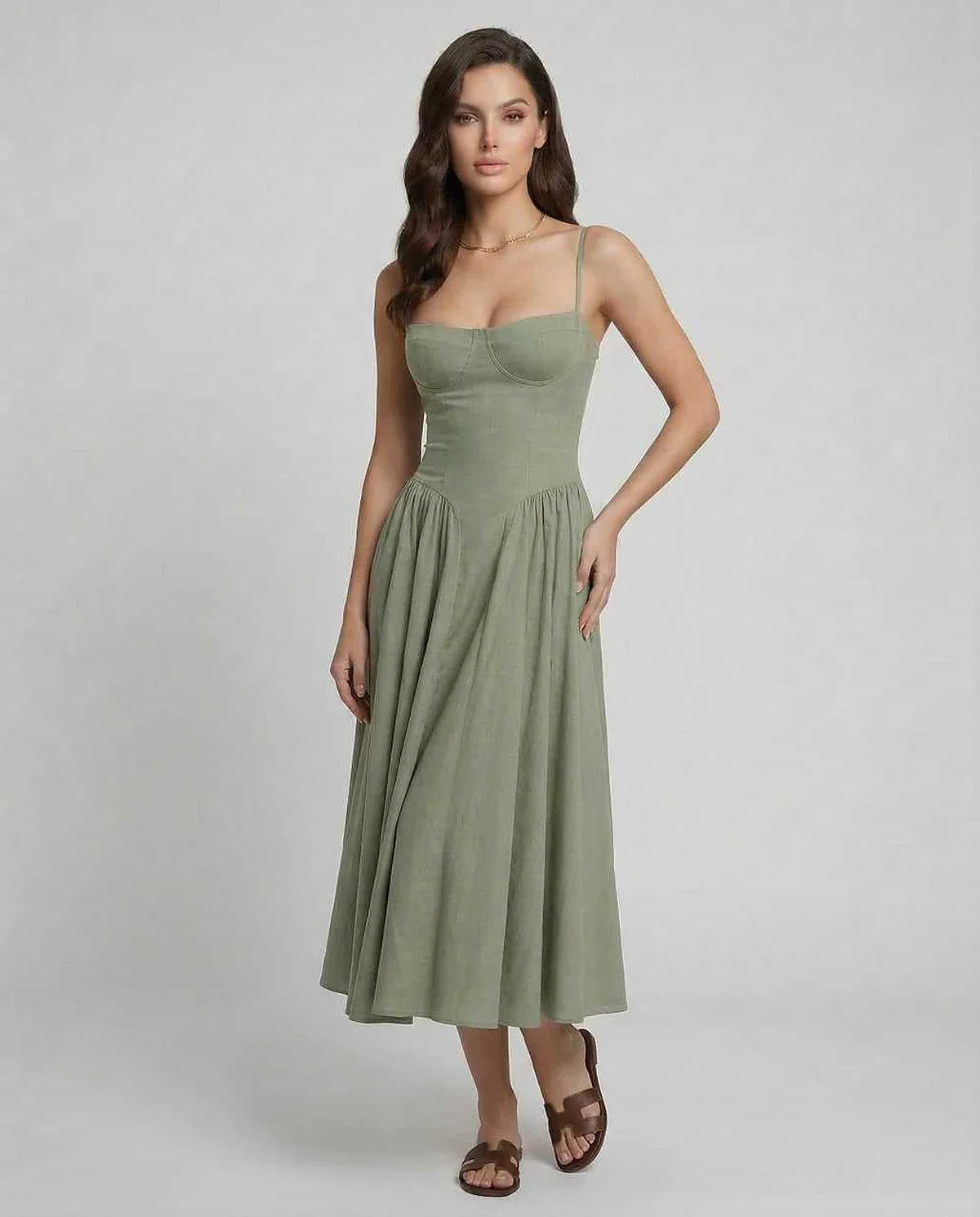 Sage Cotton Slip Round Neck Sleeveless Midi Dress | Formal Occasions, Party Nights, Day-to-Night & Weekend Wear, front view | | SKU: LMD-374859201-sage-L-4514,LMD-374859201-sage-M-6664,LMD-374859201-sage-S-5651,LMD-374859201-sage-XL-9743,LMD-374859201-sage-XS-2690