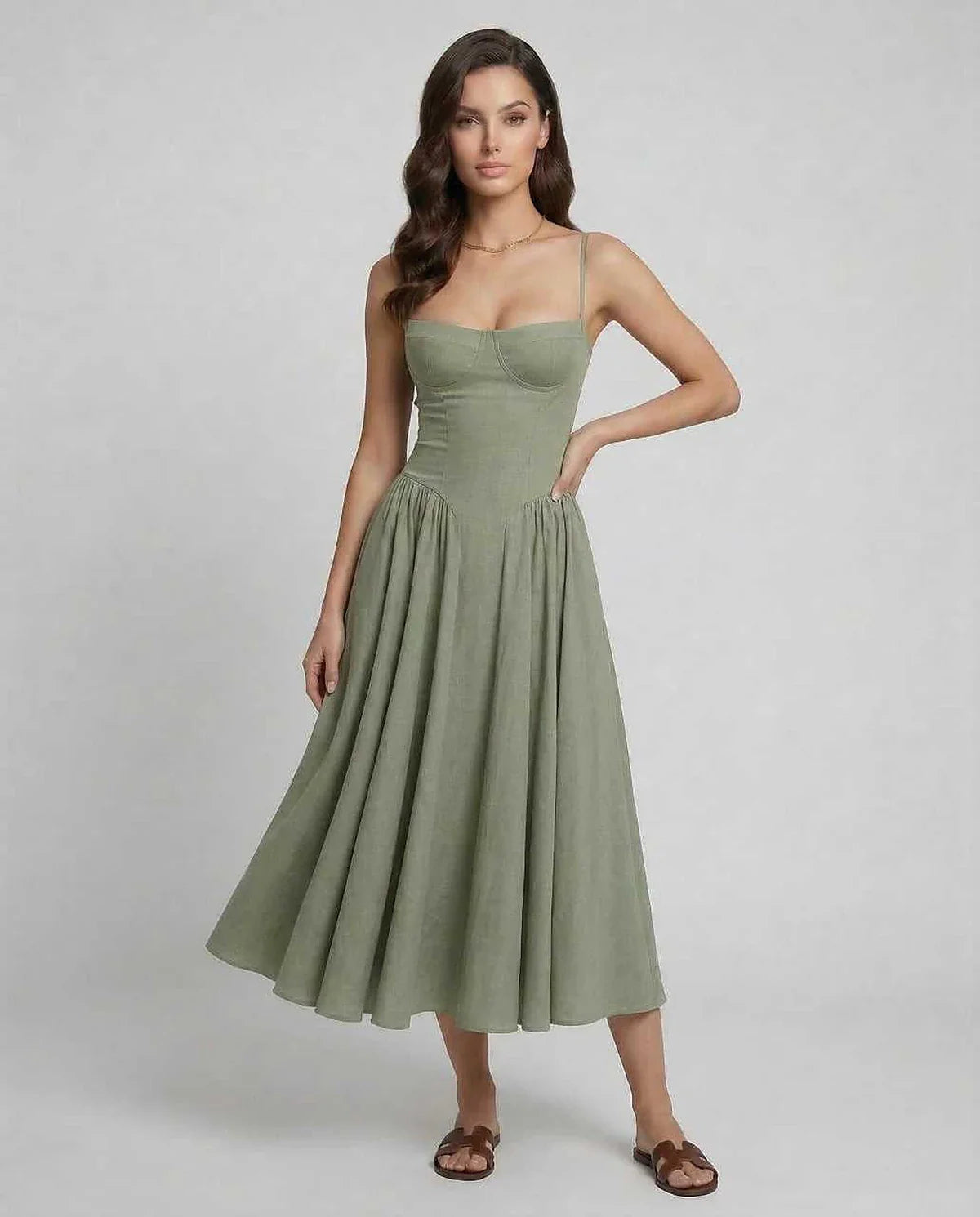 Sage Cotton Slip Round Neck Sleeveless Midi Dress | Formal Occasions, Party Nights, Day-to-Night & Weekend Wear, front view | | SKU: LMD-374859201-sage-L-4514,LMD-374859201-sage-M-6664,LMD-374859201-sage-S-5651,LMD-374859201-sage-XL-9743,LMD-374859201-sage-XS-2690