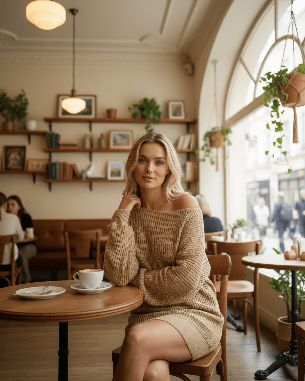 Xado Mini Dress in beige, relaxed silhouette, perfect for cafe outings, by RAMBLION, made from soft cotton-acrylic blend.