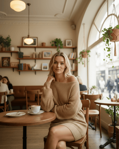 Xado Mini Dress in beige, relaxed silhouette, perfect for cafe outings, by RAMBLION, made from soft cotton-acrylic blend.