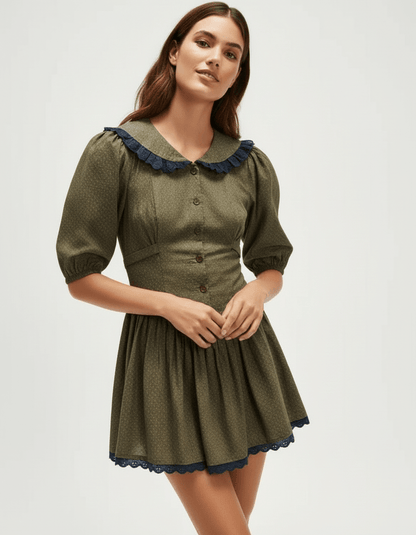 Xady Mini Dress featuring a brown round neck, Peter Pan collar, puff sleeves, and vintage-inspired style by RAMBLION.