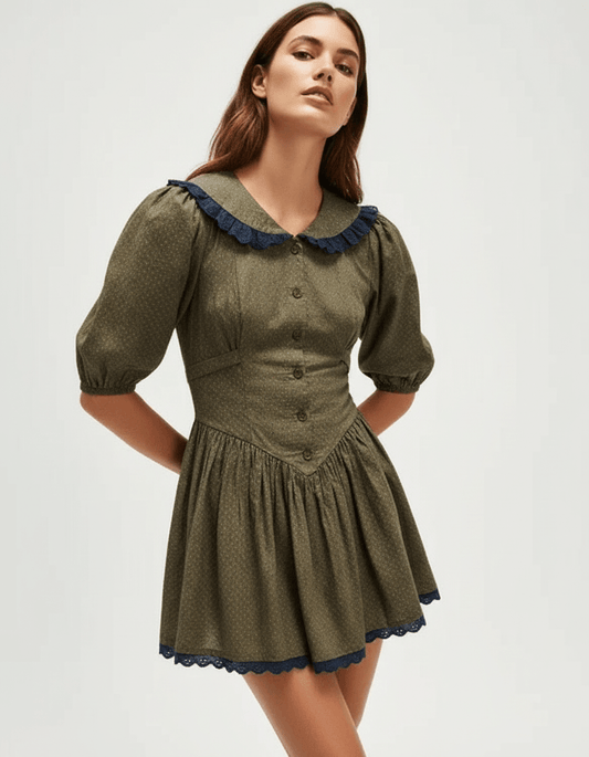 Xady Mini Dress, brown 100% polyester, round neck, Peter Pan collar, vintage style, by RAMBLION.