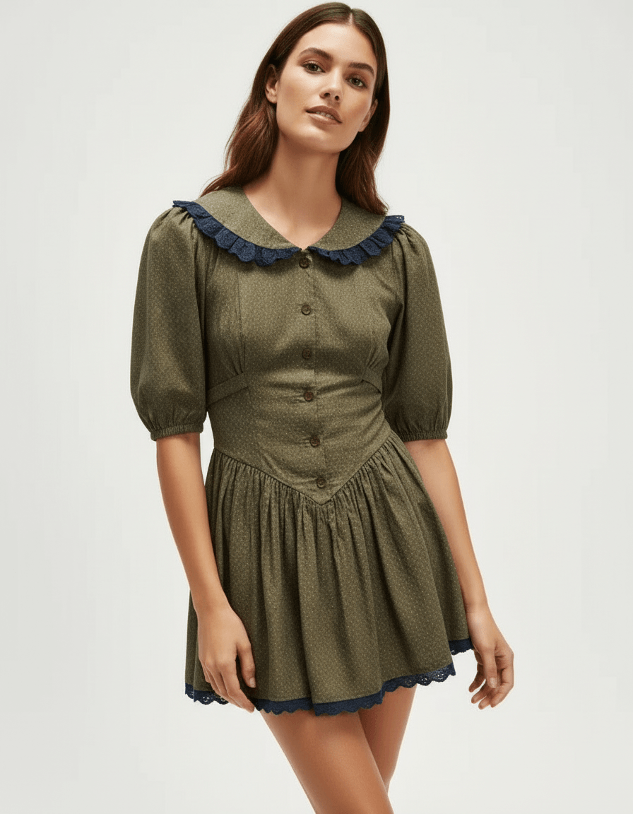 Xady Mini Dress by RAMBLION, brown polyester, vintage style with puff sleeves and Peter Pan collar, perfect for casual outings.