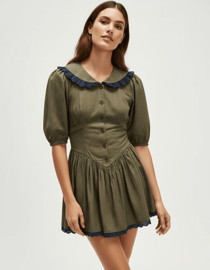 Xady Mini Dress by RAMBLION, brown polyester, vintage style with puff sleeves and Peter Pan collar, perfect for casual outings.