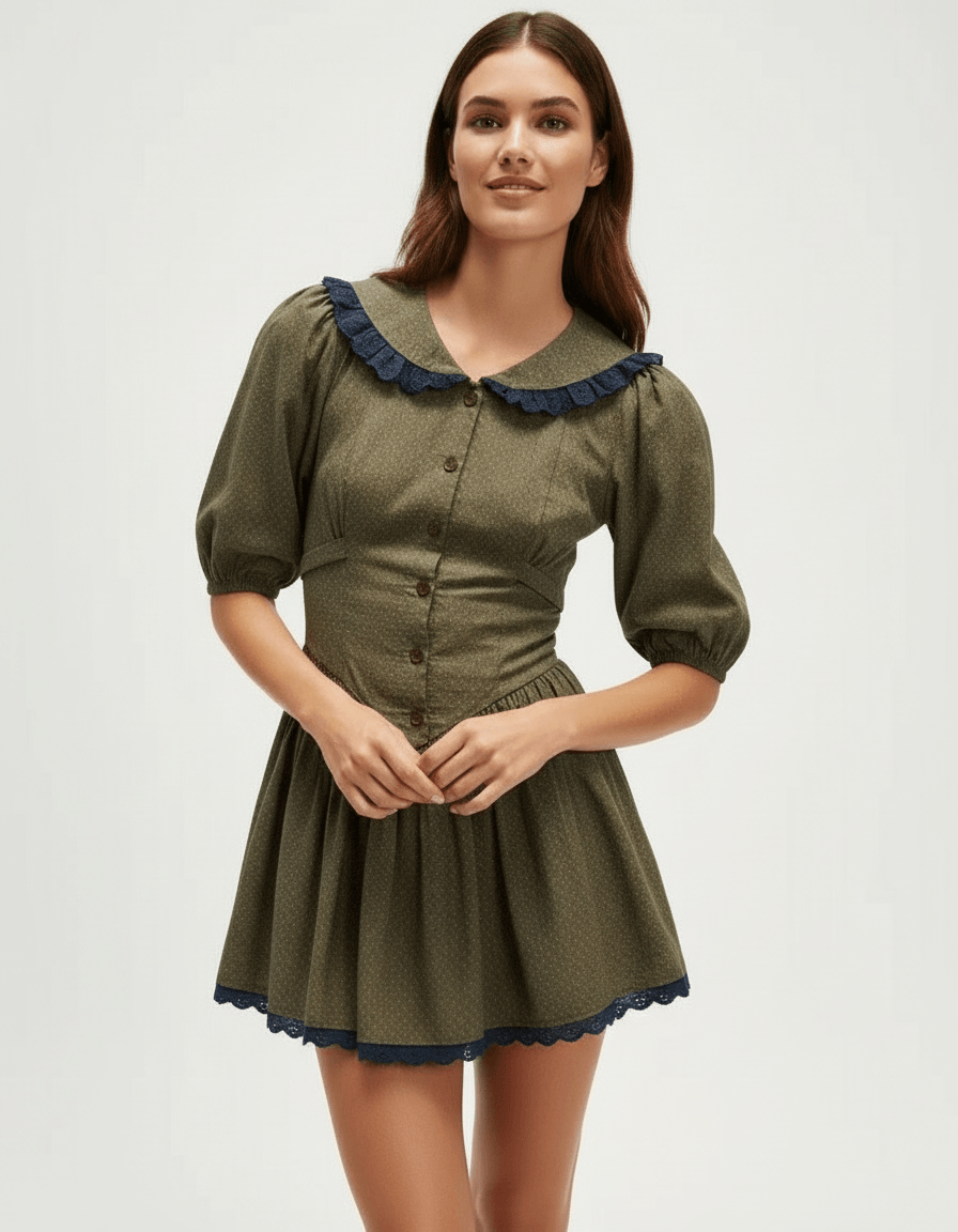 Xady Mini Dress in brown with Peter Pan collar, puff sleeves, vintage style, by RAMBLION. Perfect for stylish occasions.