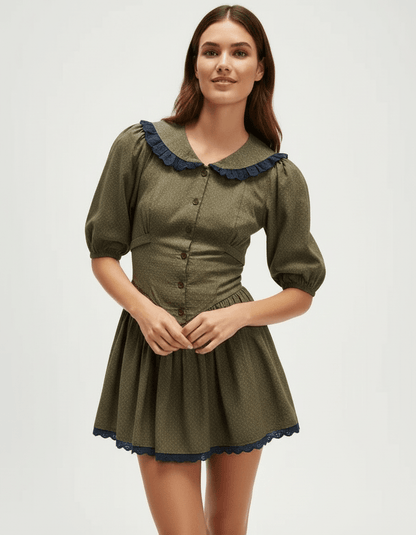 Xady Mini Dress in brown with Peter Pan collar, puff sleeves, vintage style, by RAMBLION. Perfect for stylish occasions.