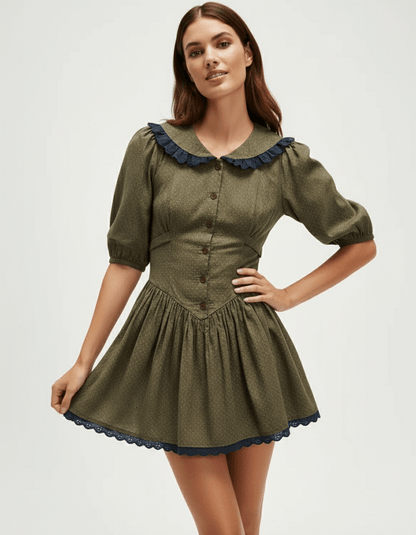 Xady Mini Dress in olive green with Peter Pan collar, puff sleeves, and A-line silhouette by RAMBLION, perfect for casual outings.