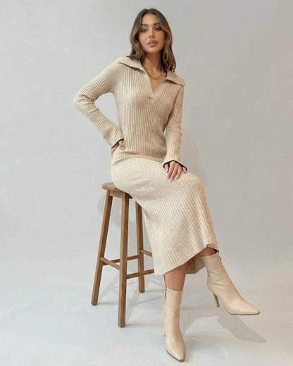 Xafa Midi Dress in beige, featuring ribbed knit, V neck, stylish look for casual and formal occasions by RAMBLION.