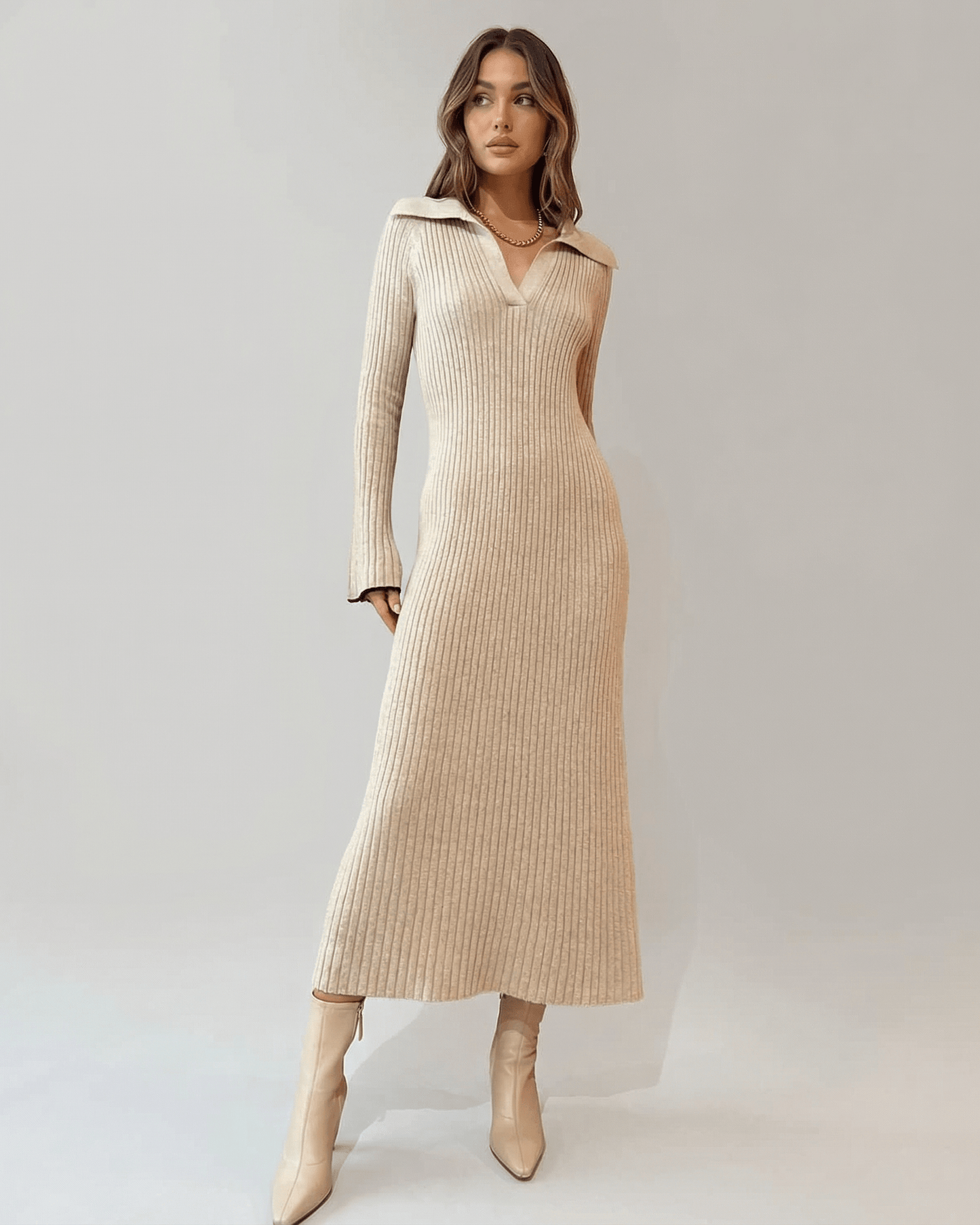 Xafa Midi Dress in beige, V neck, ribbed knit, elegant silhouette perfect for casual or formal occasions by RAMBLION.