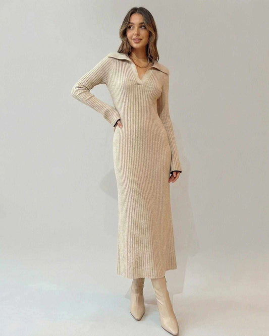 Xafa Midi Dress in beige, ribbed knit, V neck, elegant for casual or formal occasions, by RAMBLION.