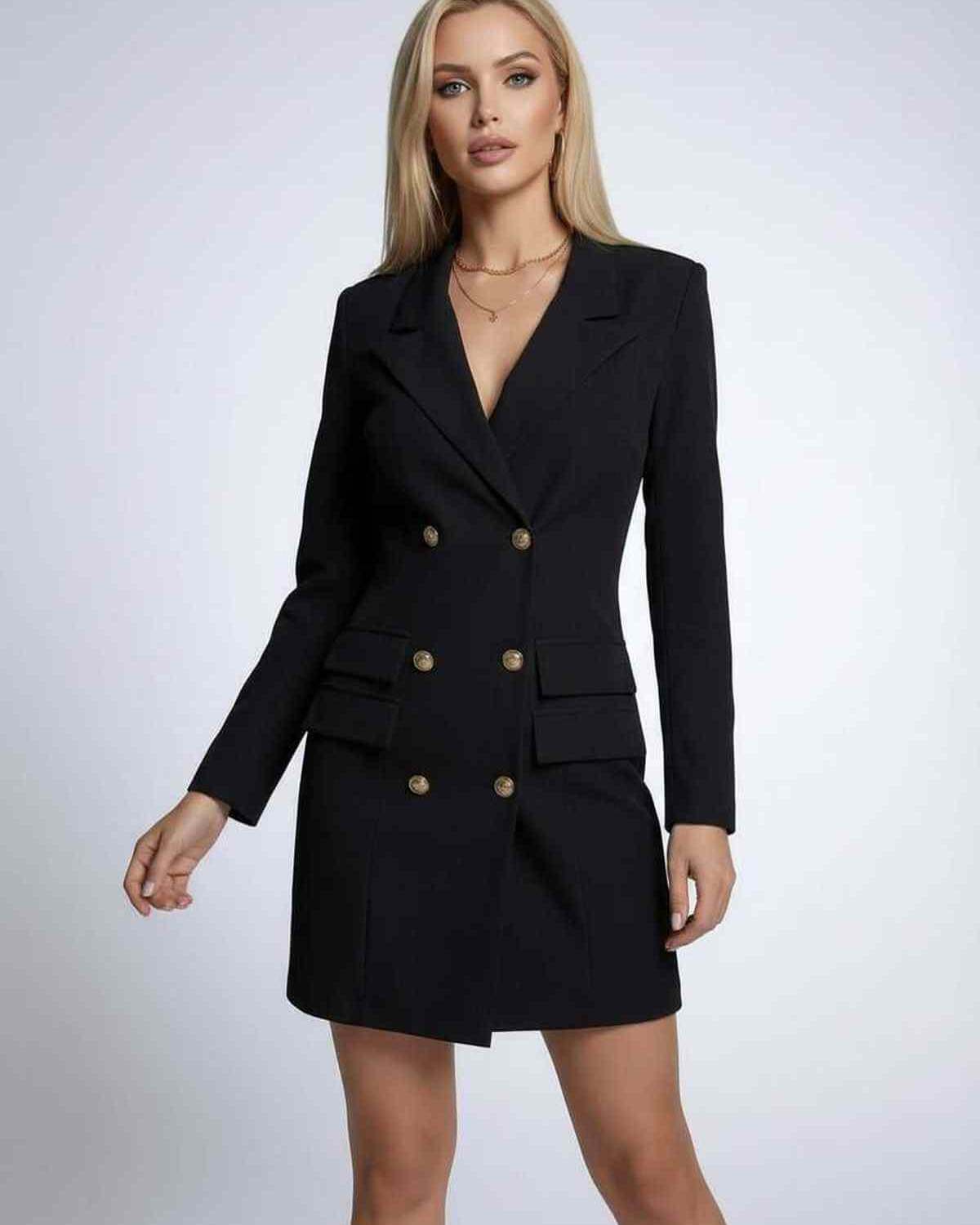 Xafa Mini Dress by RAMBLION, black, V-neck, double-breasted, modern silhouette, chic for stylish occasions.