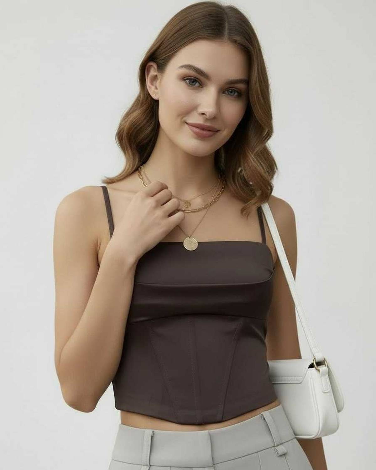 Brown Satin Round Neck Sleeveless Set, front view | Ramblion | SKU: LCT-57382-brown-L-9192,LCT-57382-brown-M-2516,LCT-57382-brown-S-9360,LCT-57382-brown-XL-3120,LCT-57382-brown-XS-9643