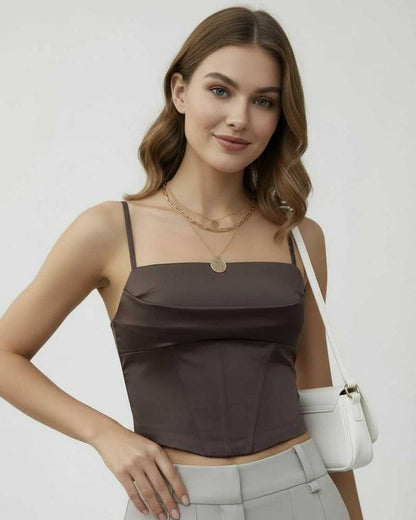 Brown Satin Round Neck Sleeveless Set, front view | Ramblion | SKU: LCT-57382-brown-L-9192,LCT-57382-brown-M-2516,LCT-57382-brown-S-9360,LCT-57382-brown-XL-3120,LCT-57382-brown-XS-9643