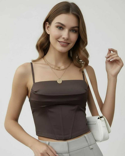 Brown Satin Round Neck Sleeveless Set, front view | Ramblion | SKU: LCT-57382-brown-L-9192,LCT-57382-brown-M-2516,LCT-57382-brown-S-9360,LCT-57382-brown-XL-3120,LCT-57382-brown-XS-9643