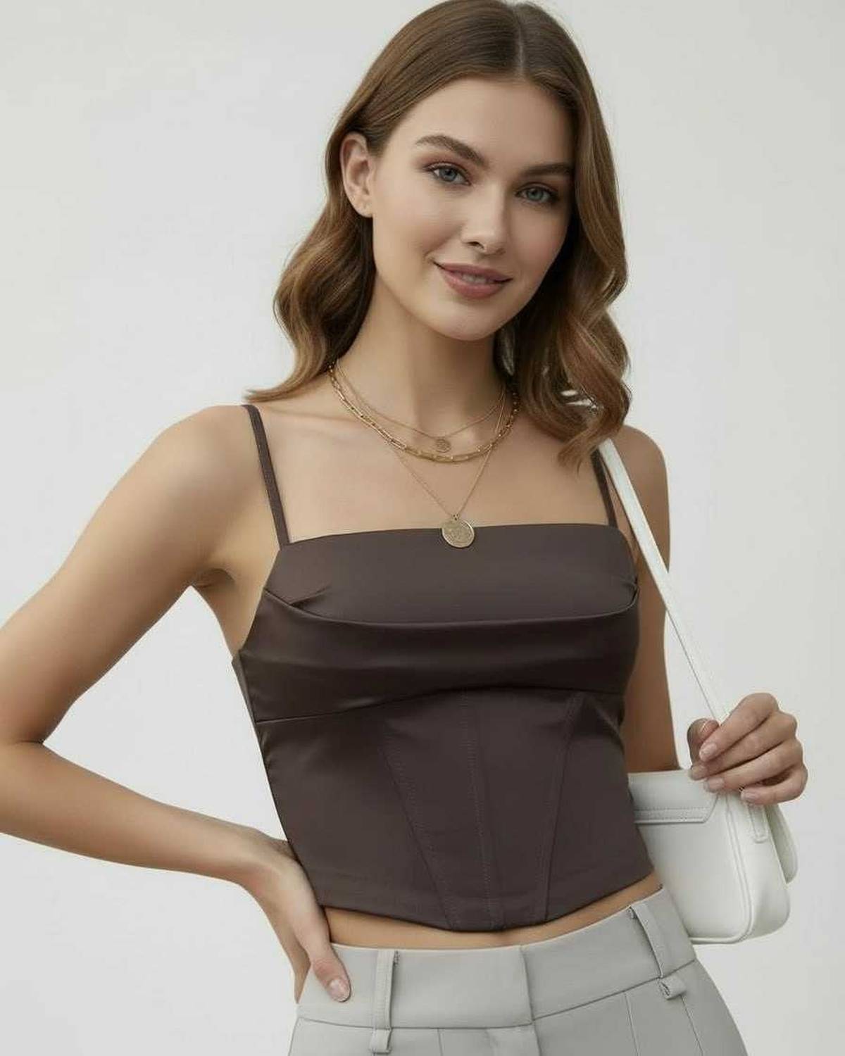 Brown Satin Round Neck Sleeveless Set, front view | Ramblion | SKU: LCT-57382-brown-L-9192,LCT-57382-brown-M-2516,LCT-57382-brown-S-9360,LCT-57382-brown-XL-3120,LCT-57382-brown-XS-9643