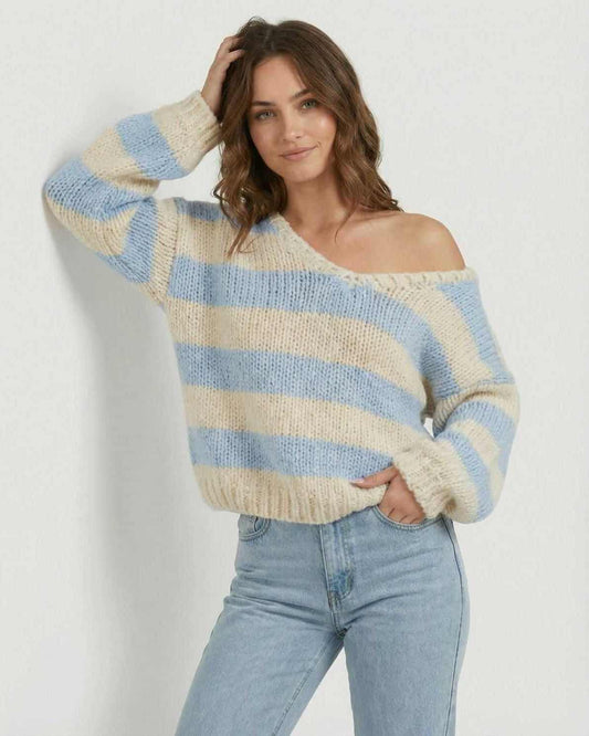 Xafo Pullover by RAMBLION, cozy light blue and ivory stripes, chic look for casual outings, relaxed fit.