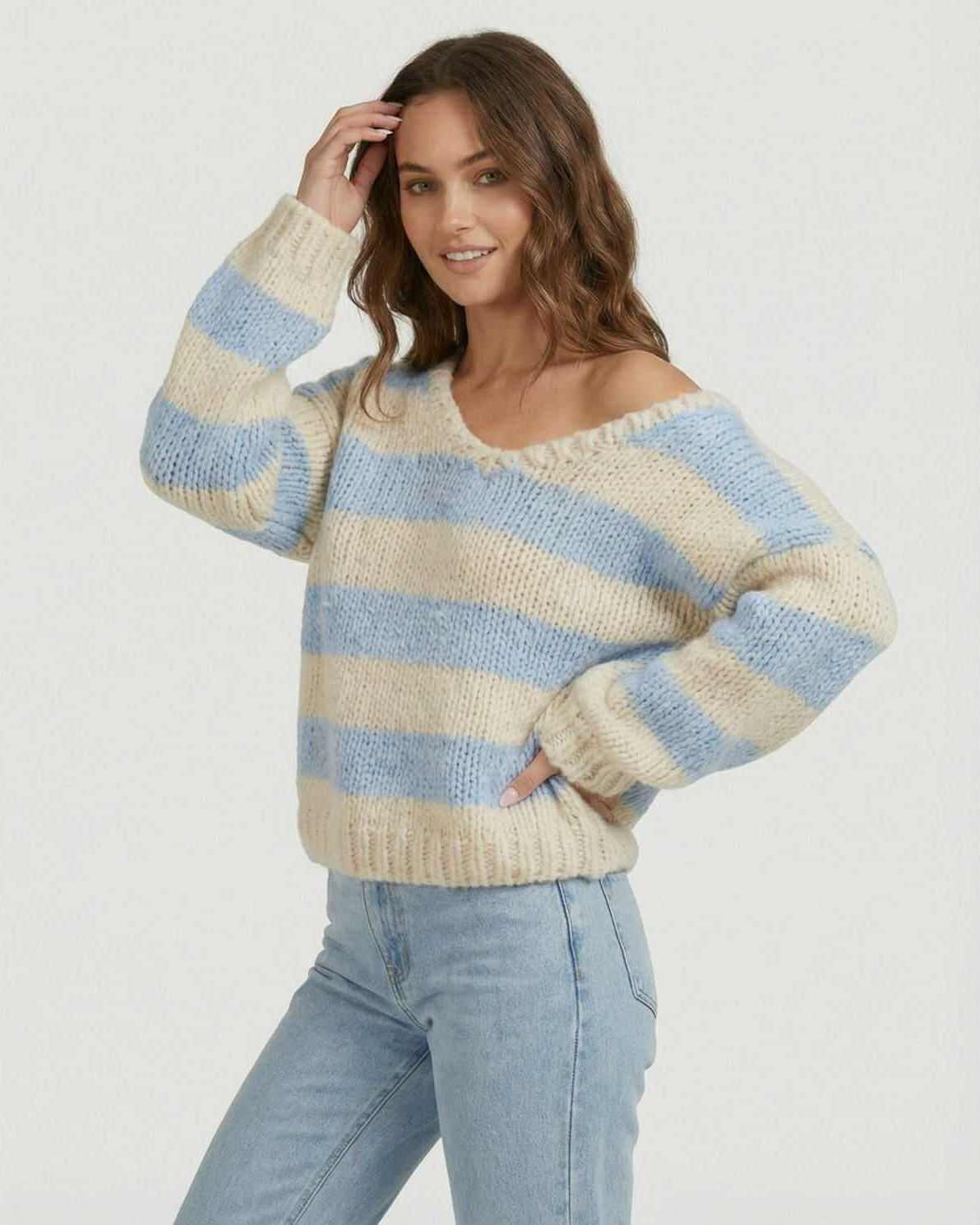 Xafo Pullover by RAMBLION, light blue and ivory striped sweater, relaxed fit, perfect for casual outings.