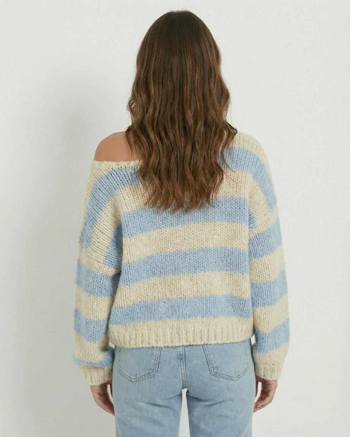 Xafo Pullover by RAMBLION, soft color-blocked stripes in light blue and ivory, perfect for casual outings.