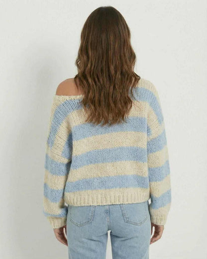 Xafo Pullover by RAMBLION, soft color-blocked stripes in light blue and ivory, perfect for casual outings.