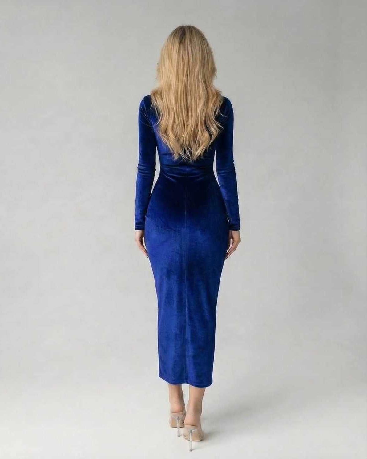 Xaia Midi Dress - Luxurious blue velvet dress showcasing a refined silhouette, ideal for special occasions. By RAMBLION.