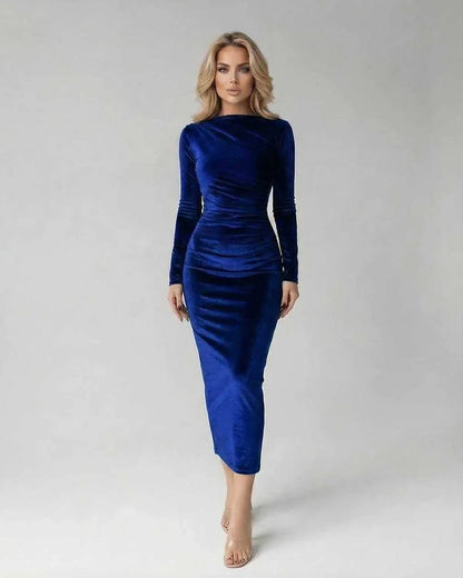 Blue Velvet Bodycon Round Neck Long Sleeve Midi Dress | Black-Tie Events & Night Out, front view | Ramblion | SKU: SMD-487312659-blue-L-6126,SMD-487312659-blue-M-8821,SMD-487312659-blue-S-9052,SMD-487312659-blue-XL-2213,SMD-487312659-blue-XS-2729