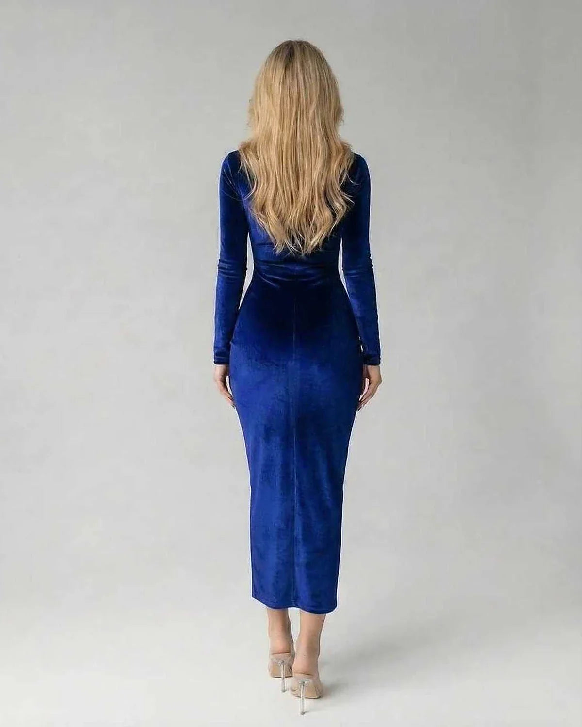 Blue Velvet Bodycon Round Neck Long Sleeve Midi Dress | Black-Tie Events & Night Out, back view | Ramblion | SKU: SMD-487312659-blue-L-6126,SMD-487312659-blue-M-8821,SMD-487312659-blue-S-9052,SMD-487312659-blue-XL-2213,SMD-487312659-blue-XS-2729