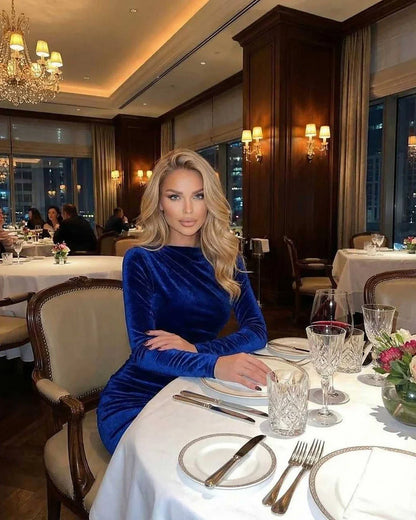 Blue Velvet Bodycon Round Neck Long Sleeve Midi Dress | Black-Tie Events & Night Out, lifestyle shot | Ramblion | SKU: SMD-487312659-blue-L-6126,SMD-487312659-blue-M-8821,SMD-487312659-blue-S-9052,SMD-487312659-blue-XL-2213,SMD-487312659-blue-XS-2729