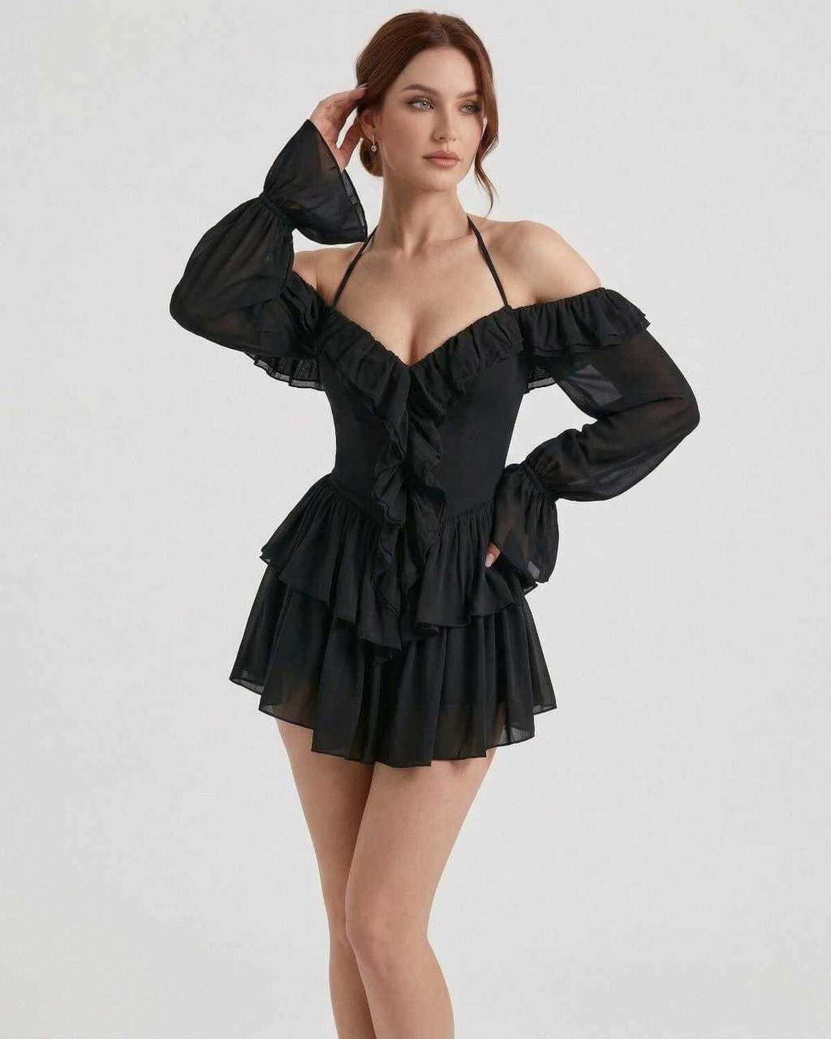 Xala Mini Dress by RAMBLION, black 100% polyester satin, halter neckline, perfect for evening occasions and elegant nights out.