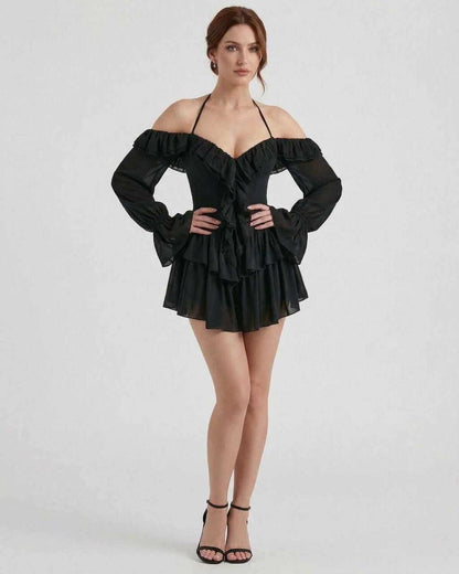 Xala Mini Dress by RAMBLION, black halter mini dress with flowing ruffles, perfect for elegant evenings out.