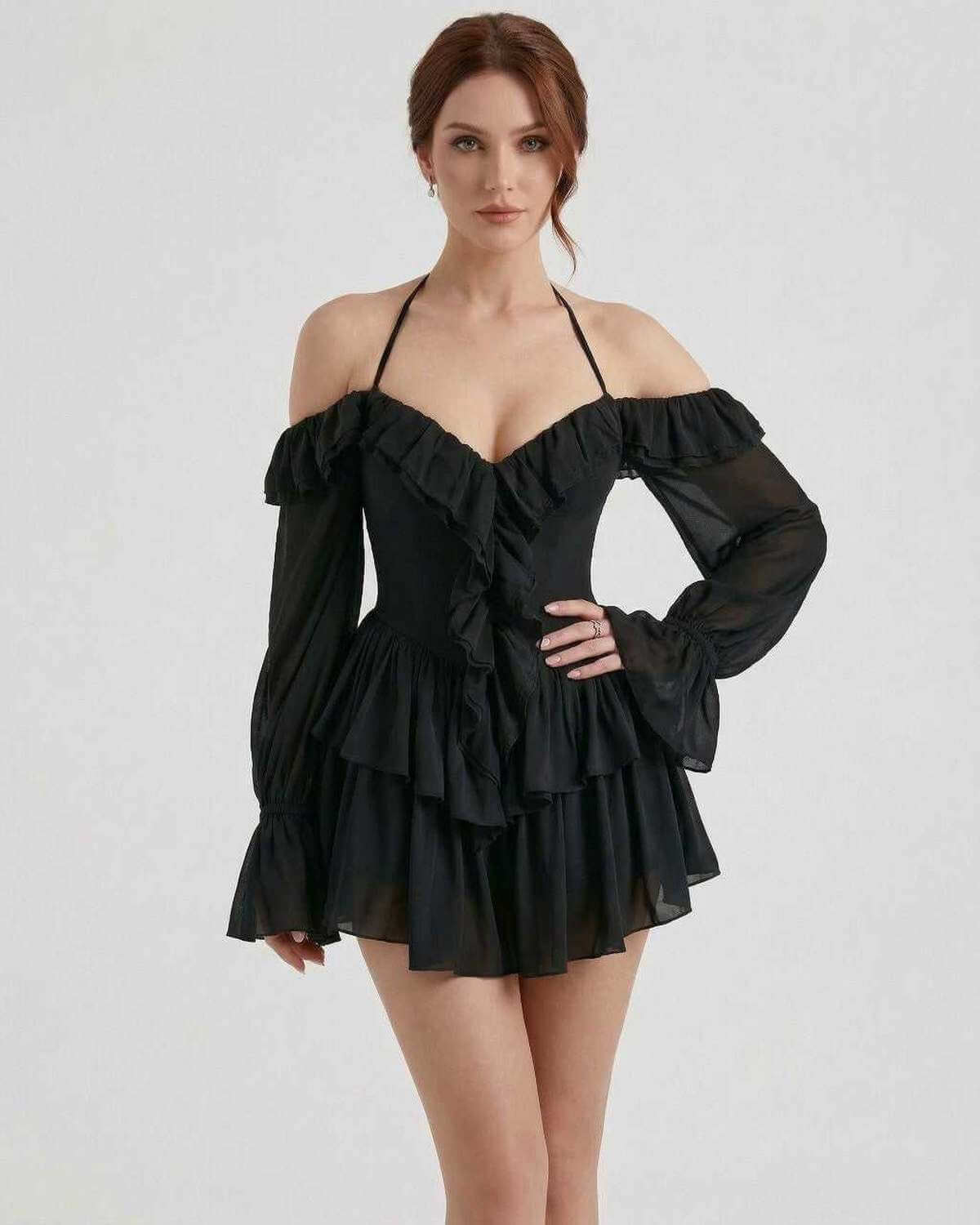Xala Mini Dress by RAMBLION, black satin mini dress with halter neckline, ruffled details, perfect for evening outings.