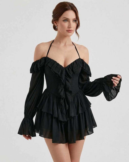 Xala Mini Dress in black satin with halter neckline and ruffled design, perfect for evening occasions by RAMBLION.