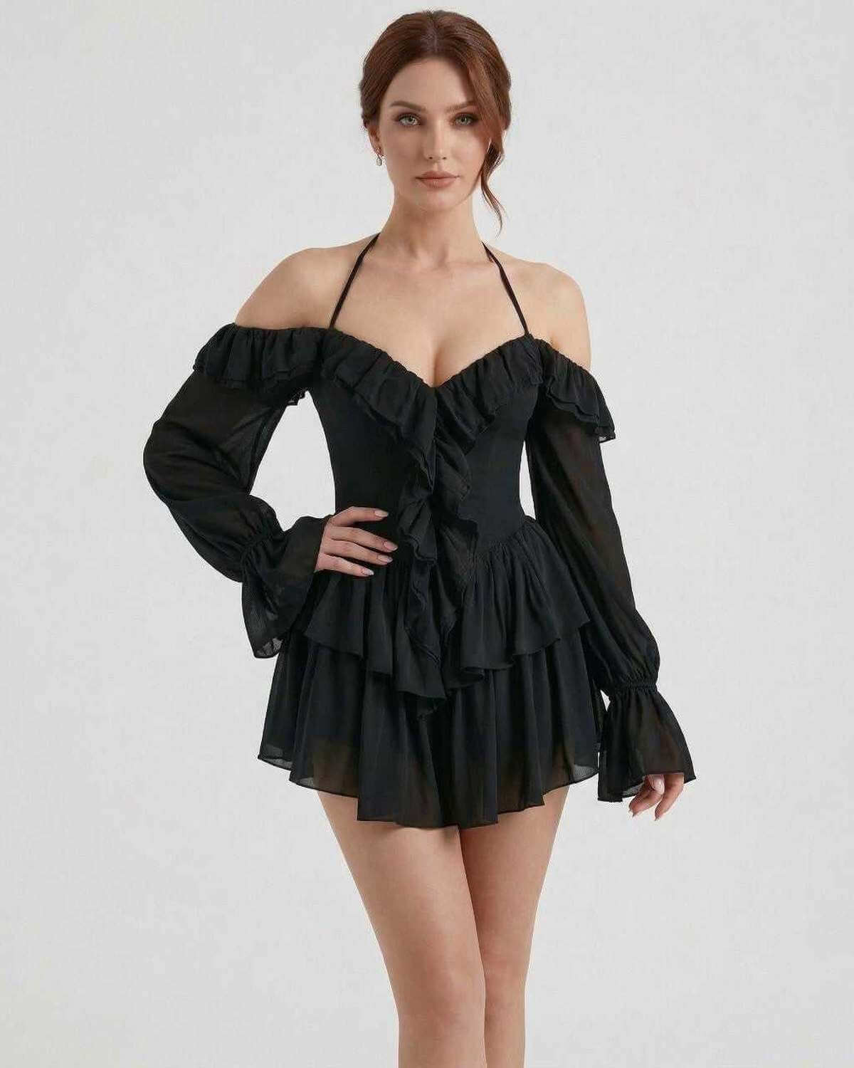 Xala Mini Dress in black, halter design, elegant ruffles, perfect for evening events, by RAMBLION.