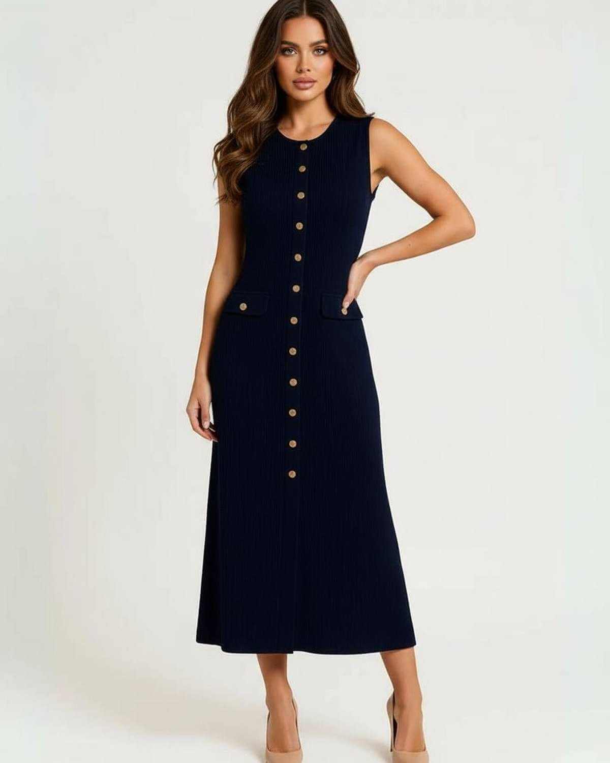 Xama Midi Dress in navy, sleeveless with buttons, elegant and versatile for various occasions, by RAMBLION.
