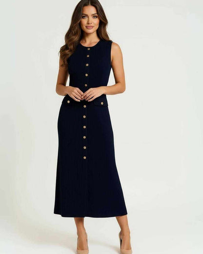 Xama Midi Dress by RAMBLION, navy midi dress, sleeveless, stylish design, perfect for various occasions.