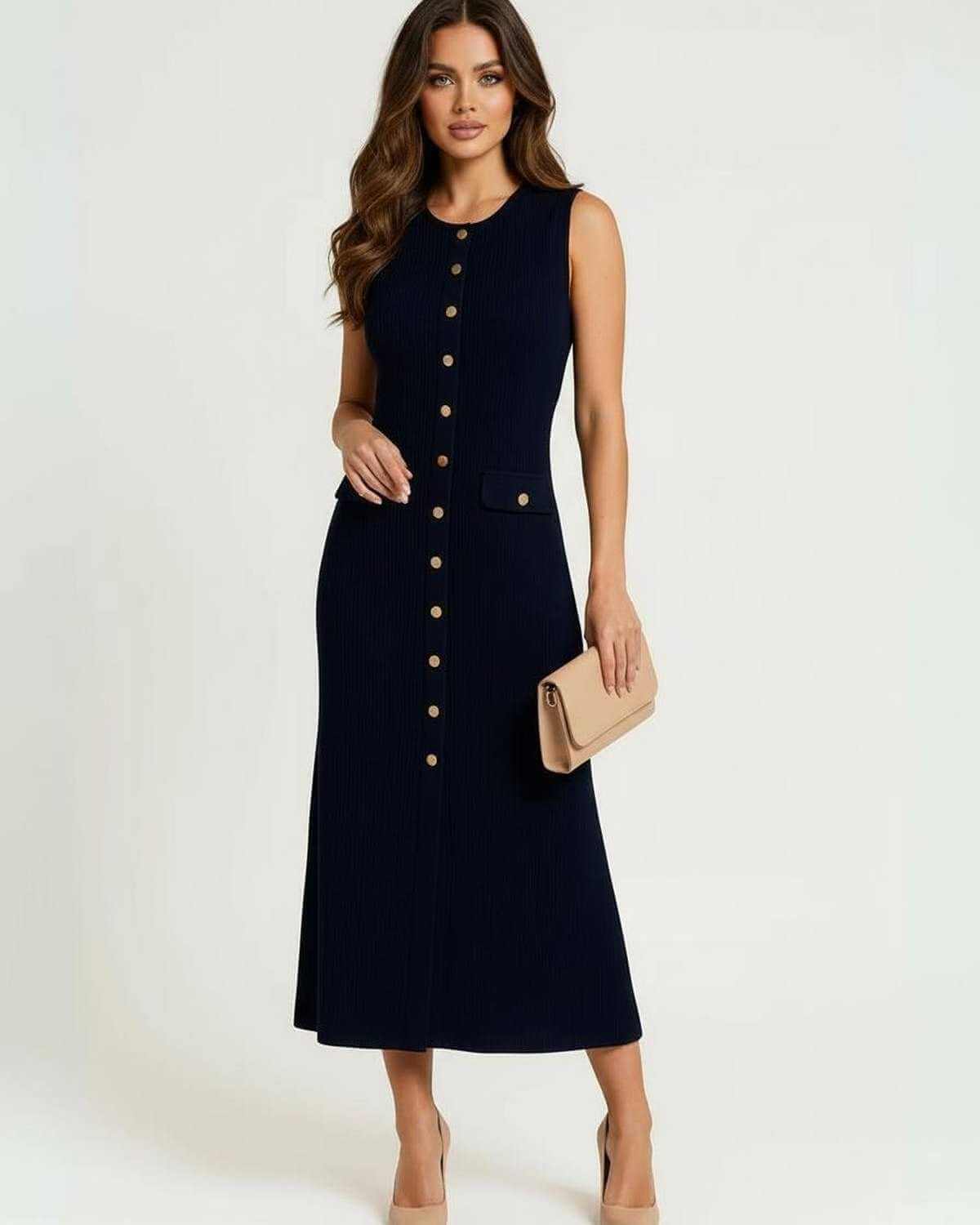 Xama Midi Dress - Navy sleeveless dress with buttons, refined ribbed texture, perfect for modern occasions by RAMBLION.