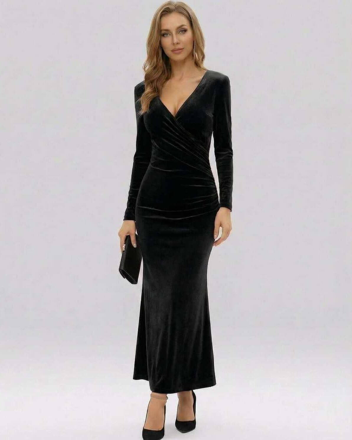 Xana Maxi Dress in black velvet, V-neck, sheath silhouette perfect for elegant occasions by RAMBLION.