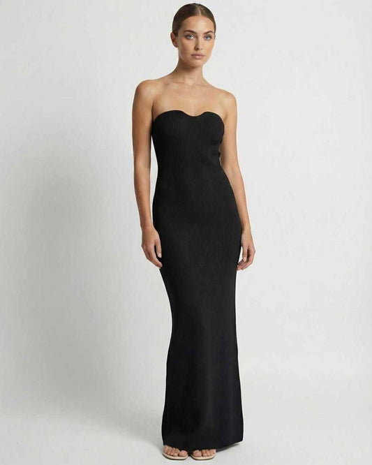 Xara Maxi Dress by RAMBLION, black strapless ankle-length dress, luxurious satin, perfect for sophisticated occasions.