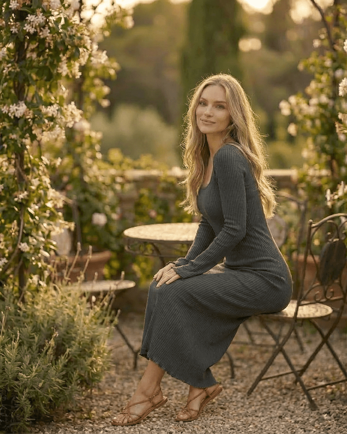 Xaya Maxi Dress in gray, 100% cotton, ribbed texture, perfect for casual or polished occasions by RAMBLION.