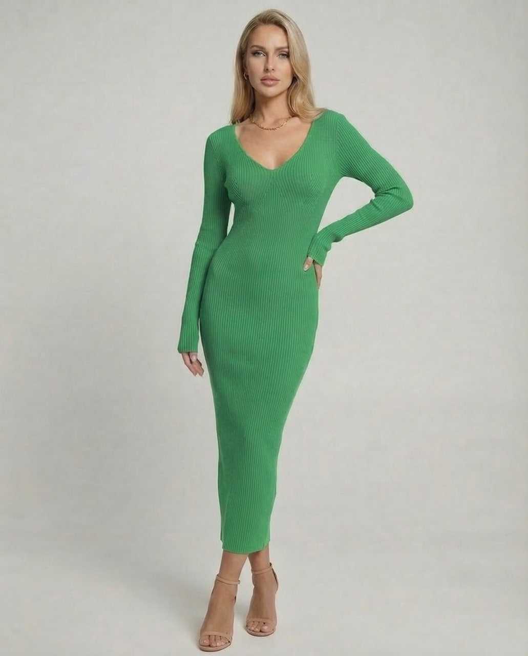 Xaya Midi Dress in vibrant green, ribbed texture, V-neck, backless, stylish for various occasions by RAMBLION.