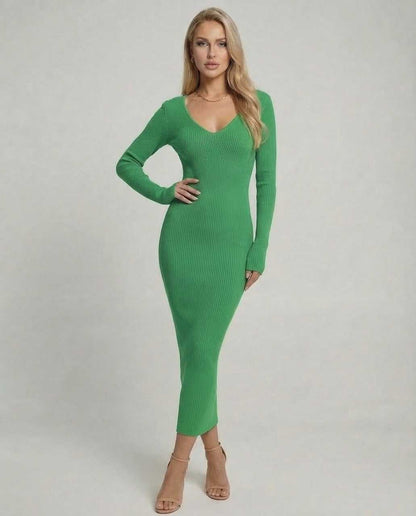 Xaya Midi Dress in vibrant green, ribbed texture, V-neck, stylish for various occasions, by RAMBLION.