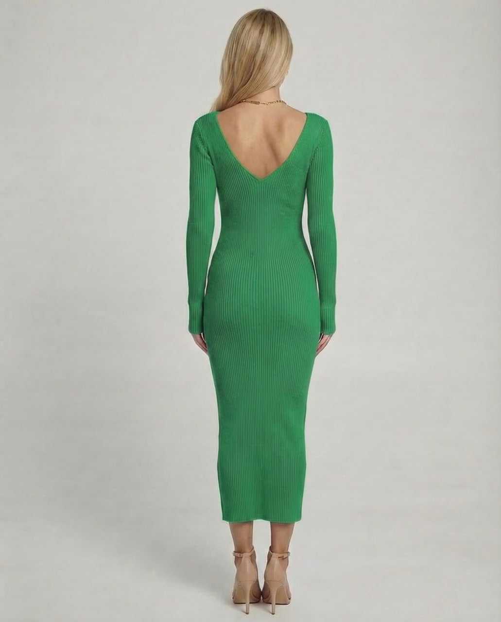 Xaya Midi Dress featuring elegant green ribbed texture, V-neck back detail, perfect for stylish occasions by RAMBLION.