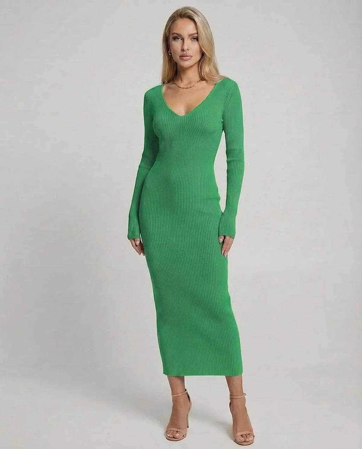Green Linen Bodycon V-Neck Long Sleeve Midi Dress | Prom, Cocktail Parties & Casual Outings, front view | Ramblion | SKU: IMD-829374650-green-L-1583,IMD-829374650-green-M-7867,IMD-829374650-green-S-5346,IMD-829374650-green-XL-1243,IMD-829374650-green-XS-3984