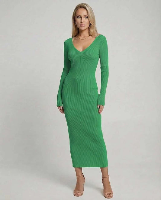 Green Linen Bodycon V-Neck Long Sleeve Midi Dress | Prom, Cocktail Parties & Casual Outings, front view | Ramblion