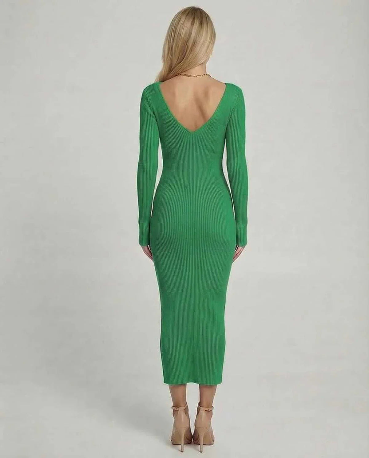 Green Linen Bodycon V-Neck Long Sleeve Midi Dress | Prom, Cocktail Parties & Casual Outings, back view | Ramblion | SKU: IMD-829374650-green-L-1583,IMD-829374650-green-M-7867,IMD-829374650-green-S-5346,IMD-829374650-green-XL-1243,IMD-829374650-green-XS-3984