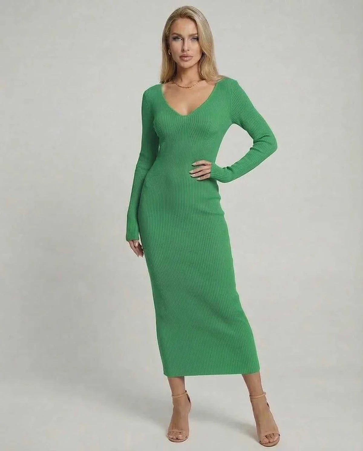 Green Linen Bodycon V-Neck Long Sleeve Midi Dress | Prom, Cocktail Parties & Casual Outings, front view | Ramblion | SKU: IMD-829374650-green-L-1583,IMD-829374650-green-M-7867,IMD-829374650-green-S-5346,IMD-829374650-green-XL-1243,IMD-829374650-green-XS-3984