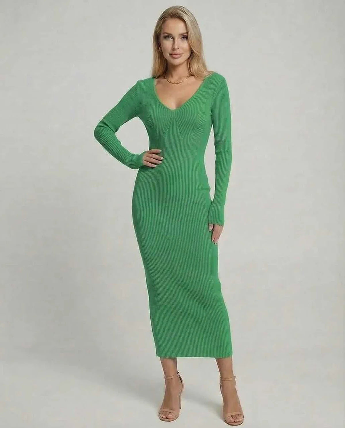 Green Linen Bodycon V-Neck Long Sleeve Midi Dress | Prom, Cocktail Parties & Casual Outings, front view | Ramblion | SKU: IMD-829374650-green-L-1583,IMD-829374650-green-M-7867,IMD-829374650-green-S-5346,IMD-829374650-green-XL-1243,IMD-829374650-green-XS-3984